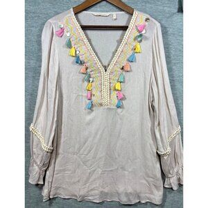 Soft Surroundings Tassel Embroidered V-Neck Blouse M Beige boho